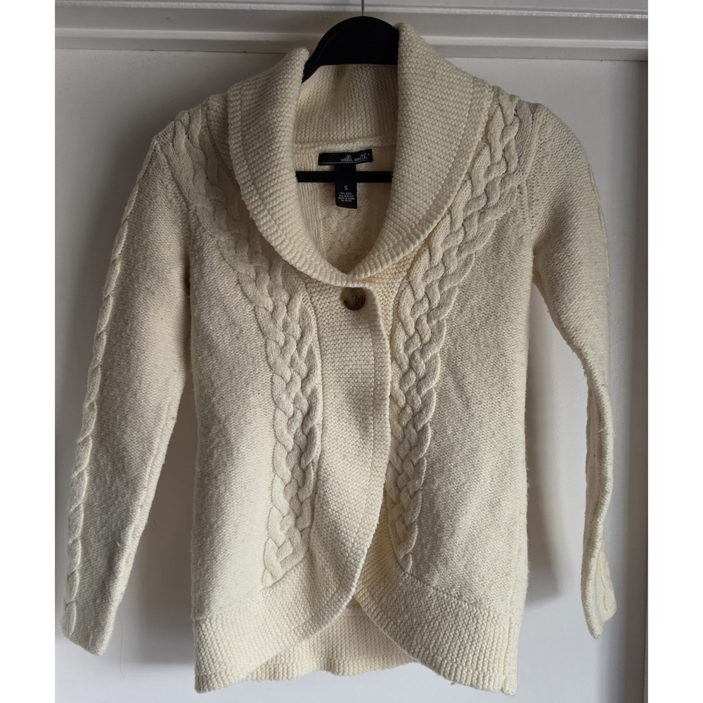Willi Smith Cardigan S Cream Cable Knit Collared Wool Sweater Casual